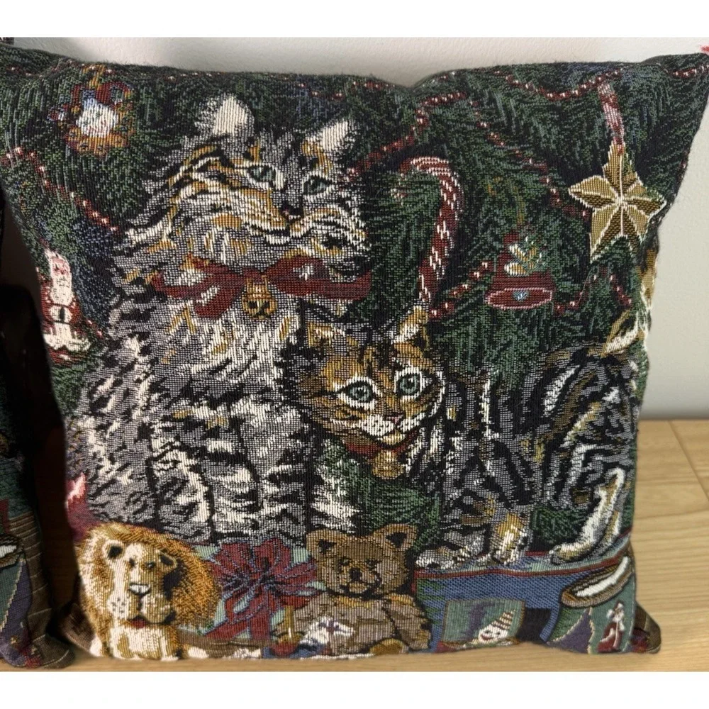 Christmas Cat Tapestry Throw Pillows Pair Woven Holiday Tree Teddy Bear Decor